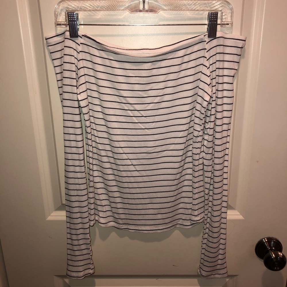 Off the shoulder striped long sleeved shirt